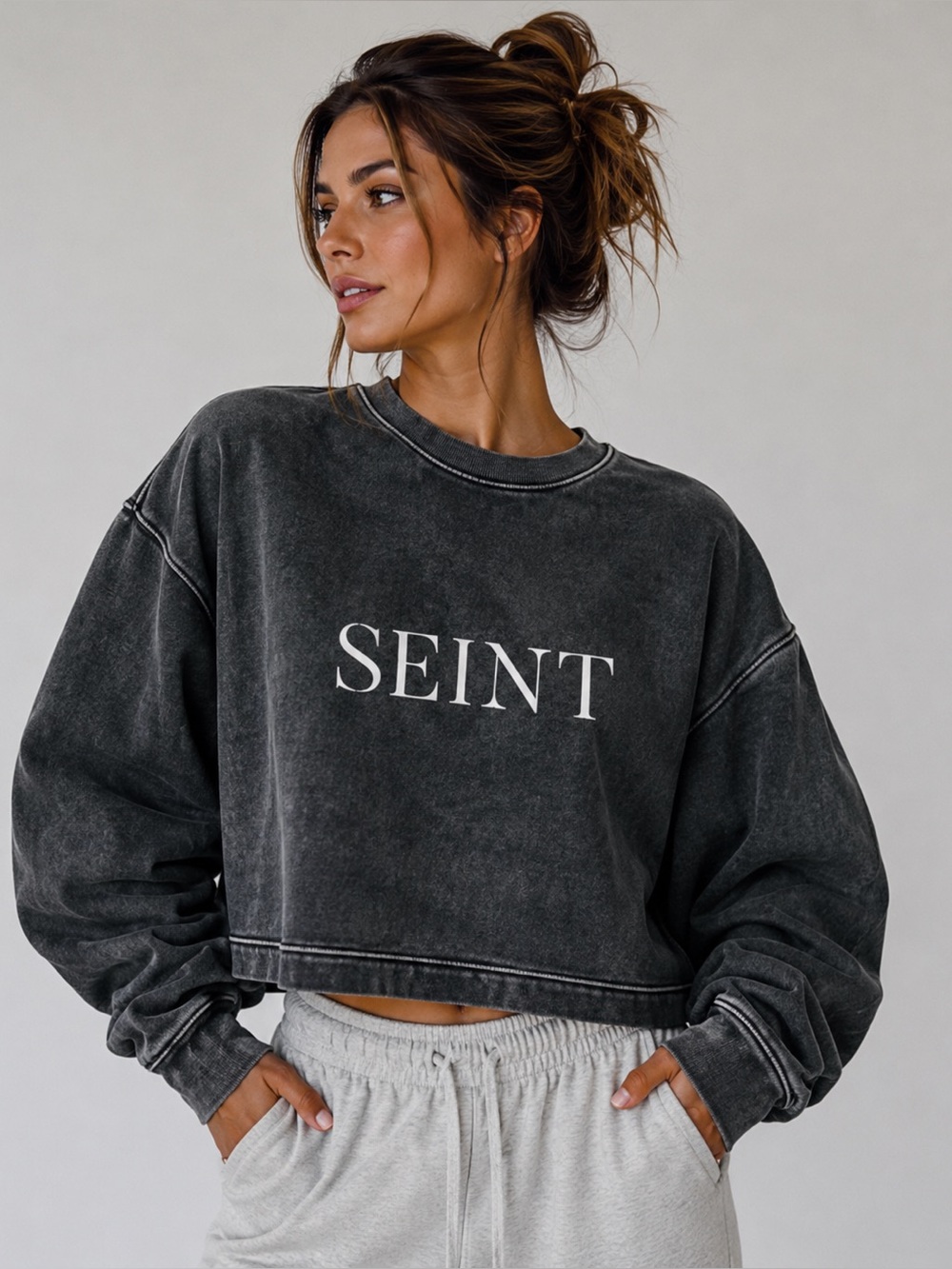 SEINT “Worthy of Worship” SEINT Oversized Cropped Acid Wash Sweatshirt Charcoal
